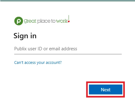 Publix employees Click Next to proceed with login process